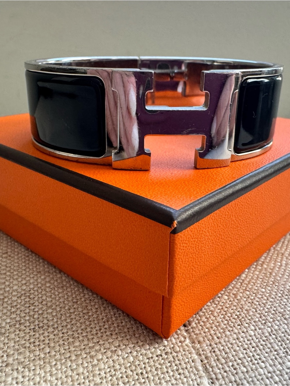 100% Authentic Hermes Black Enamel H Bracelet with Silver Hardware